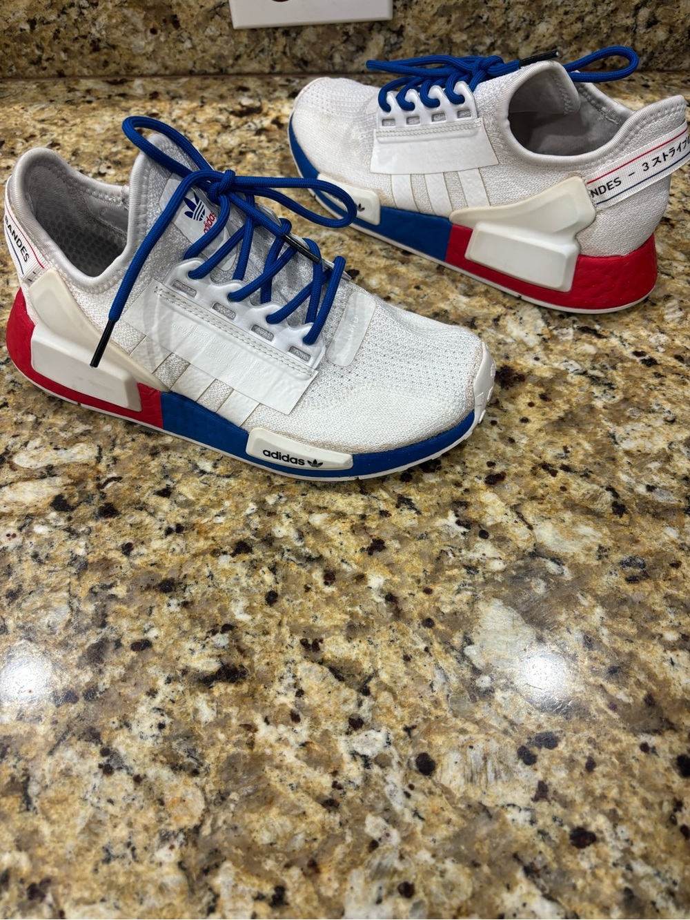 adidas White Sneakers with Blue Laces and Red Heel Accents